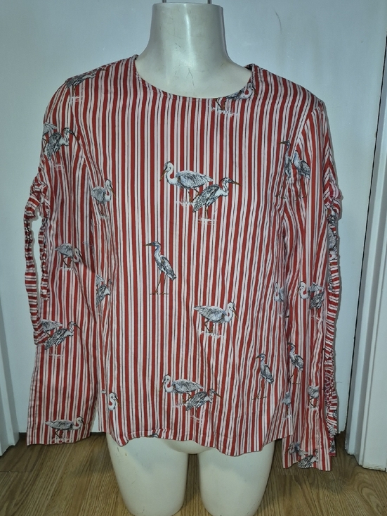 Zara Tops - 💥5/35 Zara Red and White Striped Bird-Accent Blouse Size S